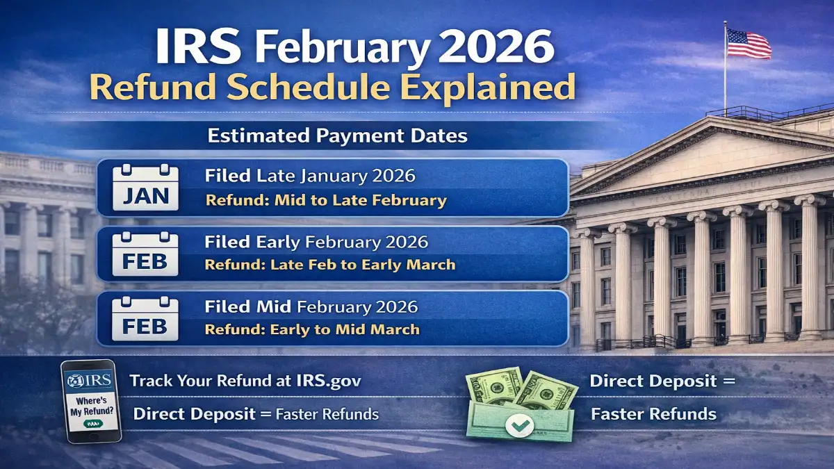 IRS refund schedule February 2026, IRS refund timeline 2026, estimated tax refund dates 2026, IRS direct deposit February 2026, tax refund payment schedule IRS, Where’s My Refund IRS tool, IRS refund processing time 2026, federal tax refund update February 2026, IRS e-file refund timeline, income tax refund status USA, IRS payment calendar 2026, tax season refund dates 2026, IRS refund approval timeline, federal refund deposit guide, IRS refund news update
